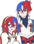  1boy 1girl alear_(female)_(fire_emblem) alear_(fire_emblem) alear_(male)_(fire_emblem) alternate_costume blue_eyes blue_hair bridal_gauntlets closed_mouth cosplay fire_emblem fire_emblem_engage fire_emblem_fates hair_between_eyes hairband heterochromia high_collar highres japanese_clothes long_hair long_sleeves multicolored_hair red_eyes redhead sakura_(fire_emblem) short_hair smile takumi_(fire_emblem) two-tone_hair white_background zuzu_(ywpd8853) 