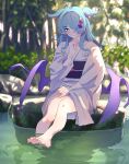  1girl alternate_costume aqua_eyes barefoot blue_hair blue_wings elira_pendora hair_over_one_eye head_wings highres japanese_clothes kimono long_hair low_wings nijisanji nijisanji_en oze_(xyz_go_go11) purple_wings sitting solo white_kimono wings 