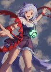  1girl :d black_shirt clouds commentary dog_tail english_commentary foothold_trap grey_hair highres himuhino jewelry looking_at_viewer mitsugashira_enoko multicolored_hair multiple_tails open_mouth pendant purple_hair shirt skirt smile solo streaked_hair tail touhou 