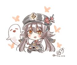  1girl black_coat black_headwear blush boo_tao_(genshin_impact) bright_pupils brown_hair chibi coat cropped_torso flower flower-shaped_pupils genshin_impact ghost hair_between_eyes hat hat_flower hat_tassel hu_tao_(genshin_impact) long_hair long_sleeves looking_at_viewer orange_eyes rino_cnc simple_background sketch solo symbol-shaped_pupils twintails twitter_username white_background white_pupils 