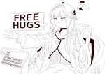  1girl absurdres blue_archive chair flower free_hugs greyscale hair_flower hair_ornament hair_tubes halo highres himari_(blue_archive) jacket korean_text long_hair mole mole_under_eye monochrome outstretched_arms phone pointy_ears sign simple_background sitting smile smug solo_focus translation_request white_background yusang 