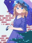  1girl blonde_hair blue_eyes blurry blurry_foreground brick_wall closed_mouth collarbone double_exposure dress hat highres holding holding_umbrella looking_to_the_side maribel_hearn medium_hair mob_cap nama_udon pixel_art purple_dress purple_umbrella short_sleeves sideways_glance solo touhou umbrella white_headwear 