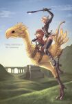  1boy 1girl :d absurdres animal_ears anniversary arm_up armor artist_name avatar_(ff11) black_panties black_thighhighs blue_eyes blue_sky breasts brown_tail cactus41747280 cat_ears cat_girl cat_tail chocobo clouds copyright_name day final_fantasy final_fantasy_xi grass grey_hair grey_headband hair_intakes headband highres holding holding_sword holding_weapon hood hood_up hooded_robe mithra_(ff11) mittens outdoors panties riding robe saddle short_hair sky small_breasts smile sword tail tarutaru thigh-highs underwear weapon 