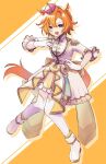  1girl amano_(amano_miko) animal_ears asymmetrical_bangs belt breasts crown dot_nose epaulettes full_body gloves hand_on_own_chest high_heels highres horse_ears horse_girl horse_tail jacket mini_crown open_mouth orange_hair road_of_radiance_(umamusume) short_hair skirt small_breasts smile solo t.m._opera_o_(umamusume) tail thigh-highs umamusume violet_eyes white_footwear white_gloves white_jacket white_skirt white_thighhighs 