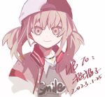  1girl azusawa_kohane backwards_hat baseball_cap black_headwear brown_eyes brown_hair grey_shirt hat highres jacket looking_at_viewer pink_jacket portrait project_sekai shirt short_twintails simple_background smile solo south_ac twintails white_background 