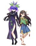  2girls artist_name bare_shoulders black_footwear black_gloves black_hair blue_skirt blush boots breasts china_dress chinese_clothes collarbone commentary_request crossed_arms dress elbow_gloves flower flower_on_head fruit_print full_body gloves grape_print green_shirt hair_between_eyes hand_on_own_chest hand_up highres horns jill_07km leaf leaf_print leg_up long_hair long_sleeves looking_at_viewer mandarin_collar medium_breasts multiple_girls nippaku_zanmu off-shoulder_shirt off_shoulder open_mouth puffy_short_sleeves puffy_sleeves purple_dress purple_flower red_eyes red_footwear shirt short_sleeves sidelocks simple_background skirt slippers smile standing standing_on_one_leg tassel touhou v-shaped_eyebrows veil violet_eyes white_background wide_sleeves yomotsu_hisami 