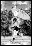  1girl bandaid_on_thigh building clouds greyscale hachinuki_tetsuyo hair_over_eyes highres holding holding_umbrella medium_hair monochrome original outdoors puddle road running sky solo speech_bubble street thick_thighs thighs tongue tongue_out translation_request tree umbrella 
