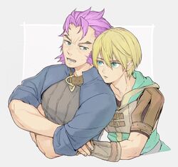  2boys blonde_hair blue_eyes gensou_suikoden gensou_suikoden_v highres hug hug_from_behind long_hair male_focus multiple_boys natsuo_(hatohaco) open_mouth purple_hair richard_(suikoden) short_hair simple_background wilhelm_(suikoden) 