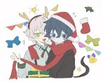  2boys arknights bell black_sweater blue_bow blue_eyes blue_hair bow closed_mouth collared_shirt fake_antlers faust_(arknights) gift green_bow green_ribbon hat mephisto_(arknights) multiple_boys neck_ribbon open_mouth pale_skin pointy_ears red_headwear red_pupils red_scarf ribbon santa_hat scales scarf shared_clothes shared_scarf shirt simple_background smile snake_tail south_ac sweater tail upper_body white_background white_shirt 