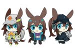  3girls amiya_(arknights) amiya_(newsgirl)_(arknights) amiya_(planter)_(arknights) animal_ears arknights ascot baseball_cap black_headwear black_jacket black_pantyhose blue_ascot blue_eyes brown_hair chibi closed_mouth hat high_ponytail jacket long_hair looking_at_viewer low_ponytail multiple_girls multiple_persona open_mouth pantyhose rabbit_ears simple_background smile south_ac thigh_strap very_long_hair white_background white_headwear white_jacket 