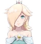  bare_shoulders blonde_hair blue_dress blue_eyes brooch closed_mouth commentary crown dress earrings hair_over_one_eye haniwa_(8241427) jewelry long_hair looking_at_viewer off-shoulder_dress off_shoulder rosalina smile star_(symbol) star_brooch star_earrings super_mario_bros. super_mario_galaxy upper_body white_background 