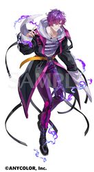  1boy belt black_jacket black_nails gradient_hair highres hood hoodie jacket koujisako male_focus multicolored_hair nijisanji nijisanji_en official_art open_clothes open_jacket pants pink_hair purple_hair purple_pants sample_watermark simple_background solo uki_violeta violet_eyes virtual_youtuber white_background white_hoodie yellow_belt 