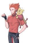  absurdres beard bin_(bottle_crown) blue_eyes blush collared_shirt commentary_request cowboy_shot dolustoy facial_hair fingerless_gloves flying_sweatdrops gloves hand_on_own_hip highres holding holding_poke_ball lysandre_(pokemon) male_focus mienfoo orange_hair poke_ball poke_ball_(basic) pokemon pokemon_(creature) pokemon_(game) pokemon_xy red_shirt redhead shirt simple_background white_background 