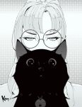  1girl artist_name black_cat blurry blurry_foreground cat glasses greyscale halftone halftone_background highres jitome koyorin long_hair looking_at_viewer monochrome original round_eyewear solo 