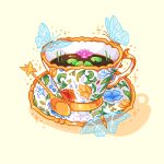  artist_name bug charongess concept_art cup english_commentary lily_pad no_humans original porcelain simple_background sparkle spoon tea teacup transparent_butterfly yellow_background 
