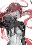  1girl black_bodysuit bodysuit bracelet eyepatch highres jewelry long_hair medical_eyepatch one_eye_covered open_mouth punishing:_gray_raven red_eyes redhead solo teeth vera_(punishing:_gray_raven) very_long_hair white_background white_bodysuit yongsadragon 