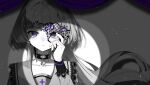  1girl black_choker choker closed_mouth curtains dress half_mask highres light_smile limited_palette long_hair looking_at_viewer mask mikanoisi simple_background smile solo spotlight standing violet_eyes vocaloid 