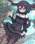  1girl absurdres bare_shoulders bird_girl bird_tail bird_wings black_dress black_hair black_swan_(kemono_friends) dress feathered_wings head_wings highres kanmoku-san kemono_friends multicolored_hair nature pantyhose red_eyes redhead shoes short_hair skirt solo tail wings 