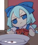  1girl absurdres blue_bow blue_dress blue_eyes blue_hair blush_stickers bow chair cirno closed_mouth collared_shirt dress fairy frown fumo_(doll) hair_between_eyes hair_bow highres ice ice_wings kame_(kamepan44231) pinafore_dress plate shirt short_hair short_sleeves simple_background sitting sleeveless sleeveless_dress solo touhou white_background white_shirt wings 