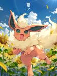  blue_sky blush clouds day falling_petals flareon flower highres jumping kaminokefusa looking_at_viewer no_humans open_mouth outdoors petals pokemon pokemon_(creature) sky solo sunflower translation_request 