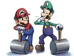  2boys blue_overalls boots brothers brown_footwear brown_hair facial_hair full_body gloves green_headwear green_shirt hammer hat highres looking_at_another luigi mario mario_&amp;_luigi_rpg masanori_sato_(style) multiple_boys mustache one_eye_closed overalls red_headwear red_shirt shirt short_hair siblings simple_background super_mario_bros. white_background white_gloves ya_mari_6363 