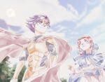 1boy 1girl albert_odyssey armor bracer cape character_request clouds day dress eye_contact headband hood long_hair looking_at_another open_mouth outdoors purple_hair redhead standing tenshuyaki