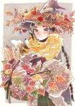  1girl absurdres animal_on_shoulder apple autumn autumn_leaves basket berry black_hair blush braid food fox freckles fruit grapes hat highres holding holding_basket leaf long_hair looking_at_viewer maru_(hardrock5150) mushroom original painting_(medium) pinecone smile traditional_media violet_eyes watercolor_(medium) wheat witch witch_hat 