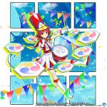  1girl alternate_costume balloon blue_sky boots closed_mouth clouds commentary copyright_name drum drum_set drumsticks english_commentary full_body game_cg gloves hat holding holding_drumsticks horikawa_raiko horikawa_raiko_(prism_march_snare) instrument looking_at_viewer marching_band merlin_prismriver mitsudomoe_(shape) multicolored_clothes multicolored_skirt peaked_cap red_eyes red_headwear redhead rotte_(1109) shirt short_hair silhouette skirt sky smile solo third-party_source tomoe_(symbol) touhou touhou_lost_word white_footwear white_gloves white_shirt 