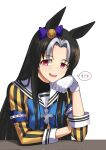  1girl animal_ears black_hair blue_bow blue_bowtie bow bowtie commentary cross_ornament ear_bow elbow_on_table fukuro_(maruaru00) genderswap genderswap_(mtf) gloves grey_hair hair_intakes hand_on_own_arm hand_on_own_cheek hand_on_own_face head_rest highres horse_ears horse_girl long_hair long_sleeves mesugaki multicolored_hair open_mouth original personification purple_bow sailor_collar sidelocks simple_background solo speech_bubble stay_gold_(racehorse) teeth two-tone_hair umamusume upper_body upper_teeth_only violet_eyes white_background white_gloves white_sailor_collar 
