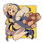 1girl :d androgyne_symbol blush bridget_(guilty_gear) clip_studio_paint_(medium) cuffs guilty_gear guilty_gear_strive handcuffs hood hood_up hooded_jacket itsuka_neru jacket jumping looking_at_viewer midair open_mouth simple_background smile solo stuffed_animal stuffed_toy teddy_bear white_background yellow_background