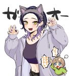  2girls black_sports_bra brown_hair cat_ear_hairband chibi chibi_inset claw_pose commentary_request fingernails green_shirt highres hood hoodie hyaluron_&amp;_daruma long_fingernails long_hair midriff multicolored_hair multiple_girls nail_polish navel original pointing pointing_up purple_hair purple_hoodie purple_nails shirt simple_background speech_bubble sports_bra translation_request two-tone_hair white_background 