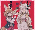  2girls animal_ears bow bowtie breasts brown_eyes brown_hair cow_ears cow_girl cow_horns cow_tail dhole_(kemono_friends) dress elbow_gloves extra_ears gloves grey_hair hood hoodie horns kanmoku-san kemono_friends large_breasts long_hair multiple_girls one_eye_closed red_background ribbon short_hair shorts simple_background smile tail translation_request wolf_ears wolf_girl wolf_tail yak_(kemono_friends) 