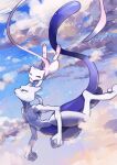  clouds cloudy_sky floating flying fuku_(huku_m) highres horns looking_to_the_side mew_(pokemon) mewtwo no_humans outdoors pokemon pokemon_(creature) sky smile tail violet_eyes 