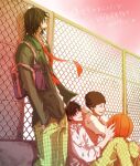  3boys ahiru_no_sora ball basketball_(object) black_headwear chain-link_fence closed_eyes earrings fence green_shirt hair_over_eyes hands_in_pockets jewelry karasu_(mirror_02) kurumatani_sora long_sleeves medium_hair multiple_boys natsume_kenji necktie outdoors pants plaid plaid_pants red_sky shigeyoshi_kaname shirt short_hair sky white_shirt yellow_pants 