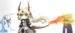  1girl 1other arknights blonde_hair brown_pantyhose burning chibi doctor_(arknights) dragon_horns dragon_tail dress electric_fan flame-tipped_tail flower green_eyes hair_flower hair_ornament highres hooded_coat horns long_hair pantyhose reed_(arknights) reed_the_flame_shadow_(arknights) sweat tail white_dress who_808 wind 