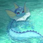  aqua_theme closed_mouth day fins head_fins highres light_smile looking_at_viewer looking_up nashimochi_4 no_humans outdoors partially_submerged pokemon pokemon_(creature) ripples smile solo swimming vaporeon violet_eyes water 