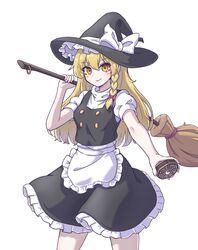  1girl apron back_bow black_headwear black_skirt black_vest blonde_hair bow braid breasts broom buttons cowboy_shot frilled_skirt frills hat hat_bow highres hihi_(cvwv4322) holding holding_broom kirisame_marisa long_hair looking_at_viewer medium_breasts mini-hakkero shirt simple_background single_braid skirt skirt_set solo touhou vest waist_apron white_apron white_background white_bow white_shirt witch_hat yellow_eyes 