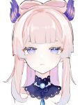  1girl 34twin22 blue_choker blue_eyes blue_gemstone blue_hair blunt_bangs bow-shaped_hair choker closed_mouth collarbone colored_inner_hair eyelashes gem genshin_impact gradient_hair hair_ornament half-closed_eyes highres long_hair looking_at_viewer multicolored_hair pink_hair sangonomiya_kokomi sidelocks simple_background solo sparkle upper_body white_background 