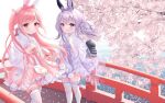  2girls :d animal_ears bow branch bridge bunny_day chitosezaka_suzu closed_mouth commentary_request feet_out_of_frame flower frilled_skirt frilled_sleeves frilled_thighhighs frills hair_between_eyes hair_bow highres japanese_clothes kimono long_sleeves multiple_girls original petals pink_flower pink_hair pink_skirt purple_bow purple_hair purple_skirt rabbit_ears red_bow red_eyes revision ribbon-trimmed_legwear ribbon_trim see-through skirt smile thigh-highs twintails two_side_up violet_eyes water white_kimono white_thighhighs wide_sleeves 