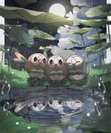  alternate_color closed_eyes clouds dew_drop full_moon highres leaf moon night open_mouth outdoors plant pokemon pokemon_(creature) reflection reflective_water reo_(mmocc123) rowlet water water_drop 