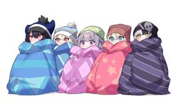  5girls beanie black_hair blanket blanket_hug blonde_hair blue_eyes blue_hair commentary dasdokter fuwawa_abyssgard grey_hair hat holoadvent hololive hololive_english koseki_bijou looking_afar mococo_abyssgard multicolored_hair multiple_girls nerissa_ravencroft patterned_clothing pink_eyes pink_hair red_eyes shiori_novella simple_background skull_print split-color_hair star_(symbol) star_print streaked_hair violet_eyes virtual_youtuber white_background white_hair yellow_eyes yurucamp 