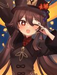  1girl ;d arm_up blue_background blush bright_pupils brown_coat brown_hair brown_headwear coat commentary flower flower-shaped_pupils genshin_impact hair_between_eyes hat hat_flower hat_tassel highres hu_tao_(genshin_impact) lantern long_hair long_sleeves looking_at_viewer mimit_4 one_eye_closed orange_eyes paper_lantern smile solo symbol-only_commentary symbol-shaped_pupils twintails upper_body white_pupils 