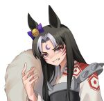  1girl animal_ears black_hair bow commentary_request cosplay crescent crescent_facial_mark ear_bow eyeliner facial_mark forehead_mark fukuro_(maruaru00) genderswap genderswap_(mtf) grey_hair grin hair_intakes head_tilt highres horse_ears horse_girl inuyasha japanese_clothes kikkoumon kimono looking_at_viewer makeup multicolored_hair original personification purple_bow red_eyeliner sesshoumaru sesshoumaru_(cosplay) shoulder_spikes sidelocks simple_background smile solo spiked_armor spikes stay_gold_(racehorse) two-tone_hair umamusume white_background white_kimono 