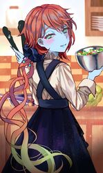  1girl alternate_hairstyle blue_dress blue_eyes blue_scrunchie blue_skin blue_tongue bowl brown_hair colored_skin colored_tongue dress fangs fate/grand_order fate_(series) highres holding holding_bowl holding_tongs long_hair looking_at_viewer mixing_bowl nail ponytail salad scrunchie shimogamo_(shimomo_12) shirt solo tongs tongue van_gogh_(fate) van_gogh_(second_ascension)_(fate) white_shirt 