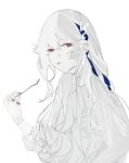  1girl arknights blue_ribbon breasts drkt hair_ribbon highres holding holding_spoon large_breasts long_hair long_sleeves puffy_long_sleeves puffy_sleeves red_eyes ribbon shirt simple_background solo specter_(arknights) spoon tongue tongue_out upper_body very_long_hair white_background white_hair white_shirt 