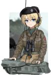  1girl alternate_costume belt beret binoculars black_headwear blonde_hair blue_eyes border braid breast_pocket breasts brown_jacket brown_pants camouflage commission darjeeling_(girls_und_panzer) emblem english_commentary girls_und_panzer hair_between_eyes hat headphones highres huihuang_rongyao jacket long_sleeves looking_at_viewer medium_breasts microphone military military_uniform military_vehicle mixed-language_commentary motor_vehicle outside_border pants pocket radio_antenna short_hair sitting solo tank uniform watermark white_border 