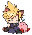  1boy animal_ears arm_on_knee armor asymmetrical_arms asymmetrical_gloves baggy_pants belt black_footwear blonde_hair boots chibi closed_eyes cloud_strife final_fantasy final_fantasy_vii fingerless_gloves gloves kirby kirby_(series) male_focus nt_26 open_mouth pants pauldrons raccoon_ears raccoon_tail short_hair shoulder_armor single_pauldron sitting sleep_bubble sleeveless sleeveless_turtleneck spiky_hair super_smash_bros. suspenders tail turtleneck 