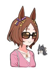  2girls animal_ears bag breasts brown-tinted_eyewear brown_hair chibi chibi_inset closed_mouth cropped_torso hair_ornament horse_ears jewelry multiple_girls narita_brian_(umamusume) necklace pink_shirt sakura_laurel_(umamusume) shirt short_hair shoulder_bag simple_background small_breasts smile sunglasses takuan_(taku1219oekaki) tinted_eyewear umamusume upper_body white_background 