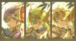  3boys armor blonde_hair blue_bodysuit blue_eyes blue_gemstone blue_gloves blue_hair bodysuit child circlet closed_eyes closed_mouth commentary_request dappled_sunlight dragon_quest dragon_quest_iv dragon_quest_v dragon_quest_vi earrings from_side gem gloves green_hair headpiece hero&#039;s_son_(dq5) hero_(dq4) hero_(dq6) highres holding holding_sword holding_weapon jewelry light_blush looking_to_the_side low_ponytail male_focus multiple_boys outdoors parted_lips profile shoulder_armor smile spiky_hair sunlight sword turtleneck twitter_username upper_body wakana_0125 weapon 