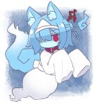  1girl animal_ear_fluff animal_ears bell blue_hair blue_skin collar colored_skin fox_ears full_body ghost ghost_tail hair_bun hair_ornament hair_over_one_eye highres hitodama japanese_clothes jingle_bell kemomimi-chan_(naga_u) kimono long_sleeves looking_at_viewer naga_u neck_bell obi original purple_collar red_eyes sash sleeves_past_fingers sleeves_past_wrists solo triangular_headpiece white_headwear white_kimono 